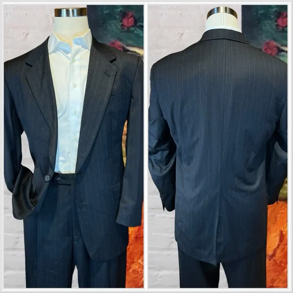 Hart Schaffner Marx Gold Trumpeter 43L 38x30 Gray Stripe Suit Virgin Wool - Picture 2 of 16